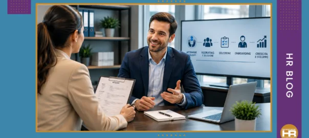 un colloquio professionale in un ufficio moderno: una recruiter donna vista di spalle o di tre quarti tiene in mano un curriculum e una penna, mentre conversa con un candidato uomo in abito professionale, sorridente e coinvolto. Sullo sfondo inserisci un monitor o una lavagna con elementi visivi legati al processo di selezione: attrazione dei candidati, recruiting, selezione, onboarding e crescita.